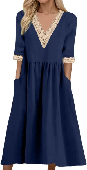 Summer Boho Floral Maxi Dress for Women Linen Beach Sundress with Pockets V-Neck Lace Trim Flowy Vacation Dress