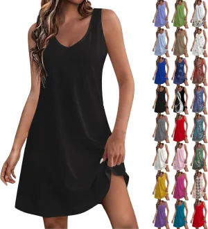 Summer Dress with Pockets for Women 2024 Loose Sleeveless V Neck Swing Sundress Boho Beach Flowy Cover up Tank Dress