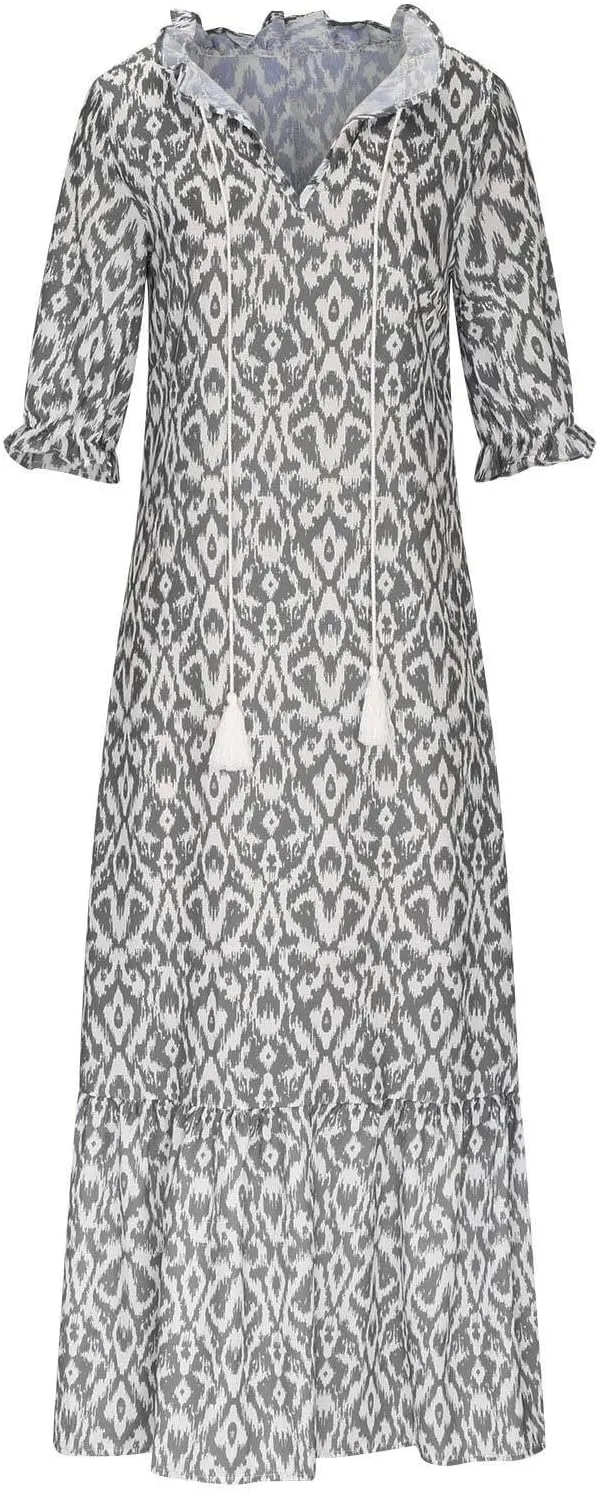 Summer Dresses for Women 2024 Boho Floral Printed Maxi Dress Midi Sleeve Smocked Ruffle V Neck Flowy Beach Dress