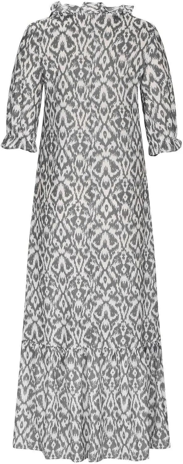 Summer Dresses for Women 2024 Boho Floral Printed Maxi Dress Midi Sleeve Smocked Ruffle V Neck Flowy Beach Dress