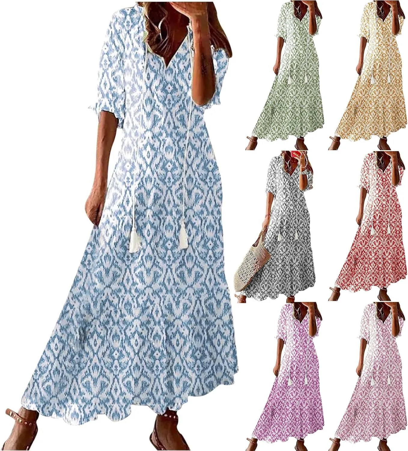 Summer Dresses for Women 2024 Boho Floral Printed Maxi Dress Midi Sleeve Smocked Ruffle V Neck Flowy Beach Dress