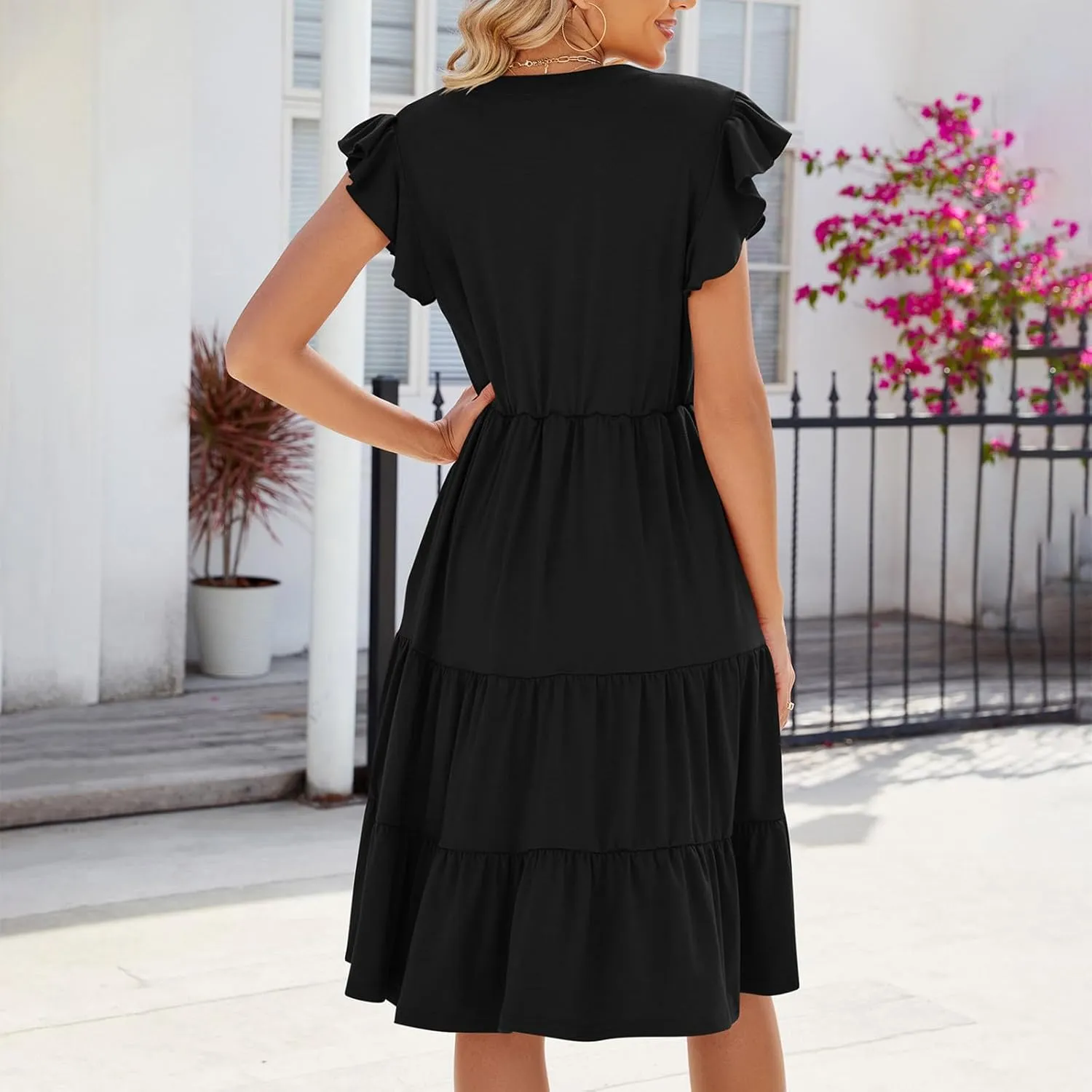 summer dresses for women 2024 casual comfy ruffle short sleeve knee length dresses Tiered v neck midi dresses