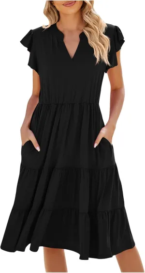 summer dresses for women 2024 casual comfy ruffle short sleeve knee length dresses Tiered v neck midi dresses