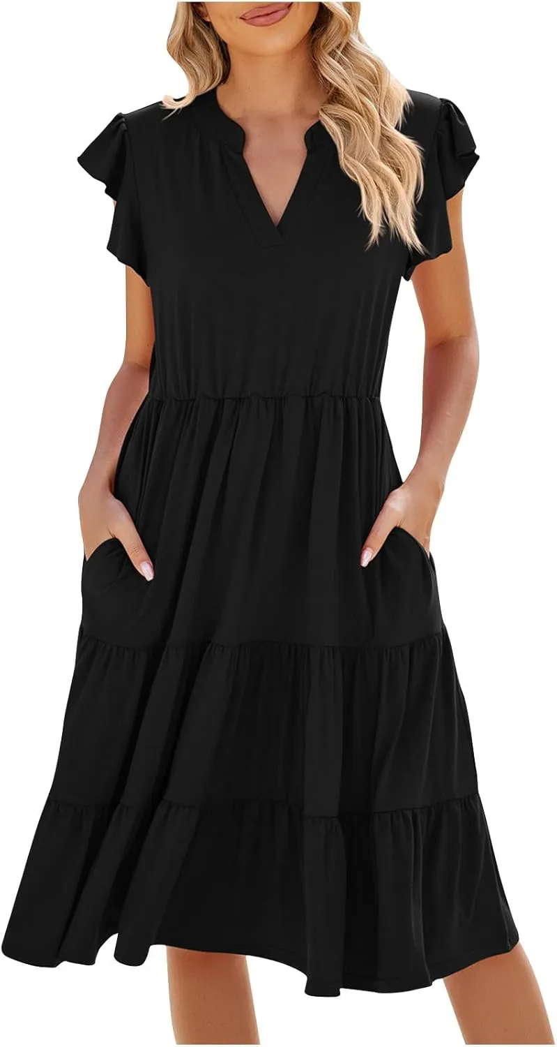 summer dresses for women 2024 casual comfy ruffle short sleeve knee length dresses Tiered v neck midi dresses