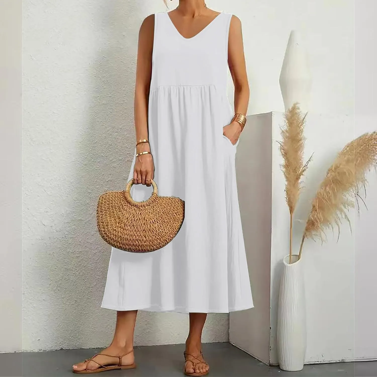 Summer Dresses for Women 2024 Cotton Linen Beach Maxi Dress Casual Sundresses Long Flowy T Shirt Dress with Pockets