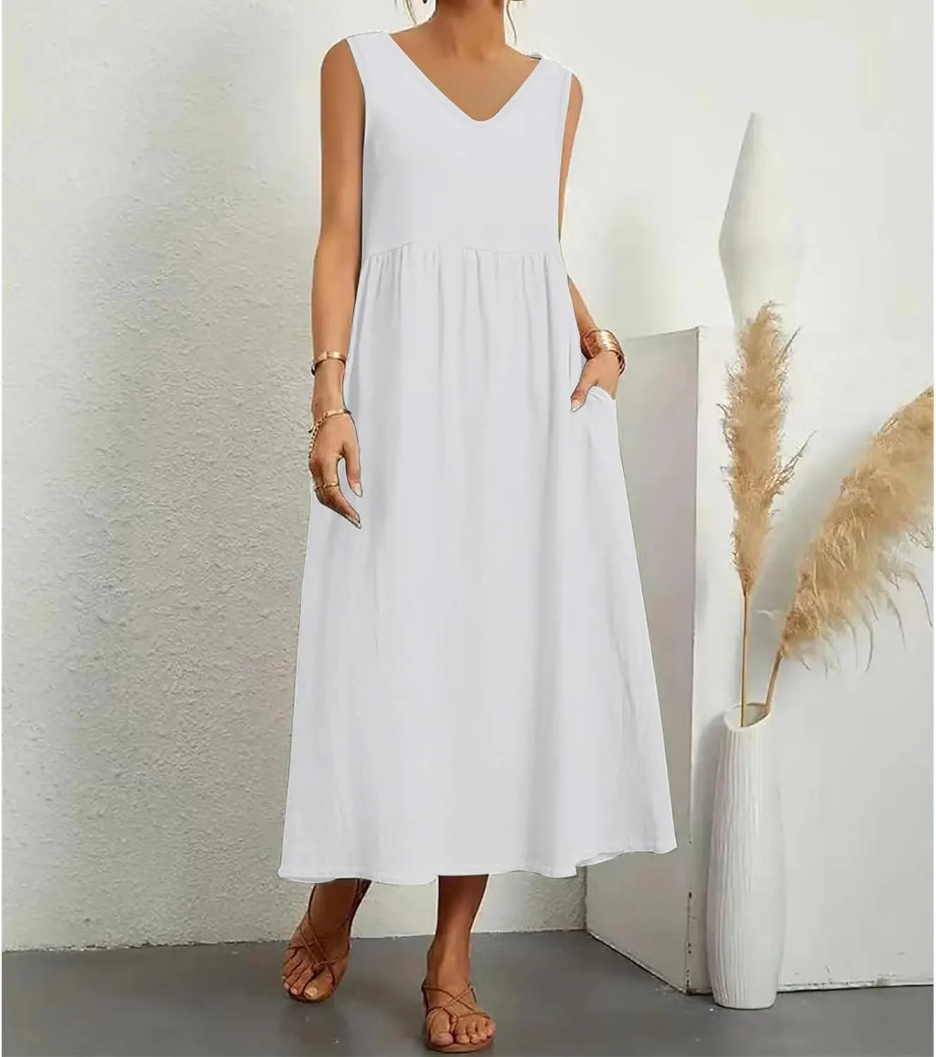 Summer Dresses for Women 2024 Cotton Linen Beach Maxi Dress Casual Sundresses Long Flowy T Shirt Dress with Pockets