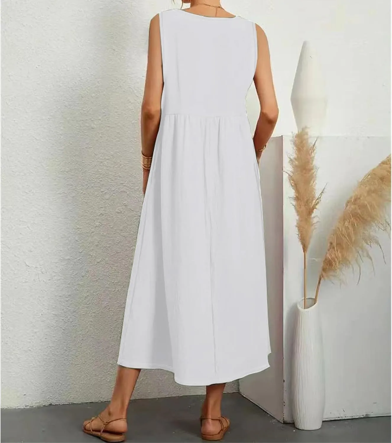 Summer Dresses for Women 2024 Cotton Linen Beach Maxi Dress Casual Sundresses Long Flowy T Shirt Dress with Pockets