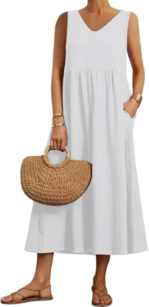 Summer Dresses for Women 2024 Cotton Linen Beach Maxi Dress Casual Sundresses Long Flowy T Shirt Dress with Pockets