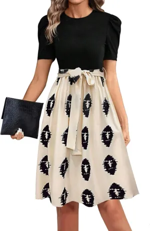 Summer Dresses for Women 2025 Floral Patchwork Flowy Mini Dress Crewneck Short Sleeve Belt Empire Waist Casual Dress