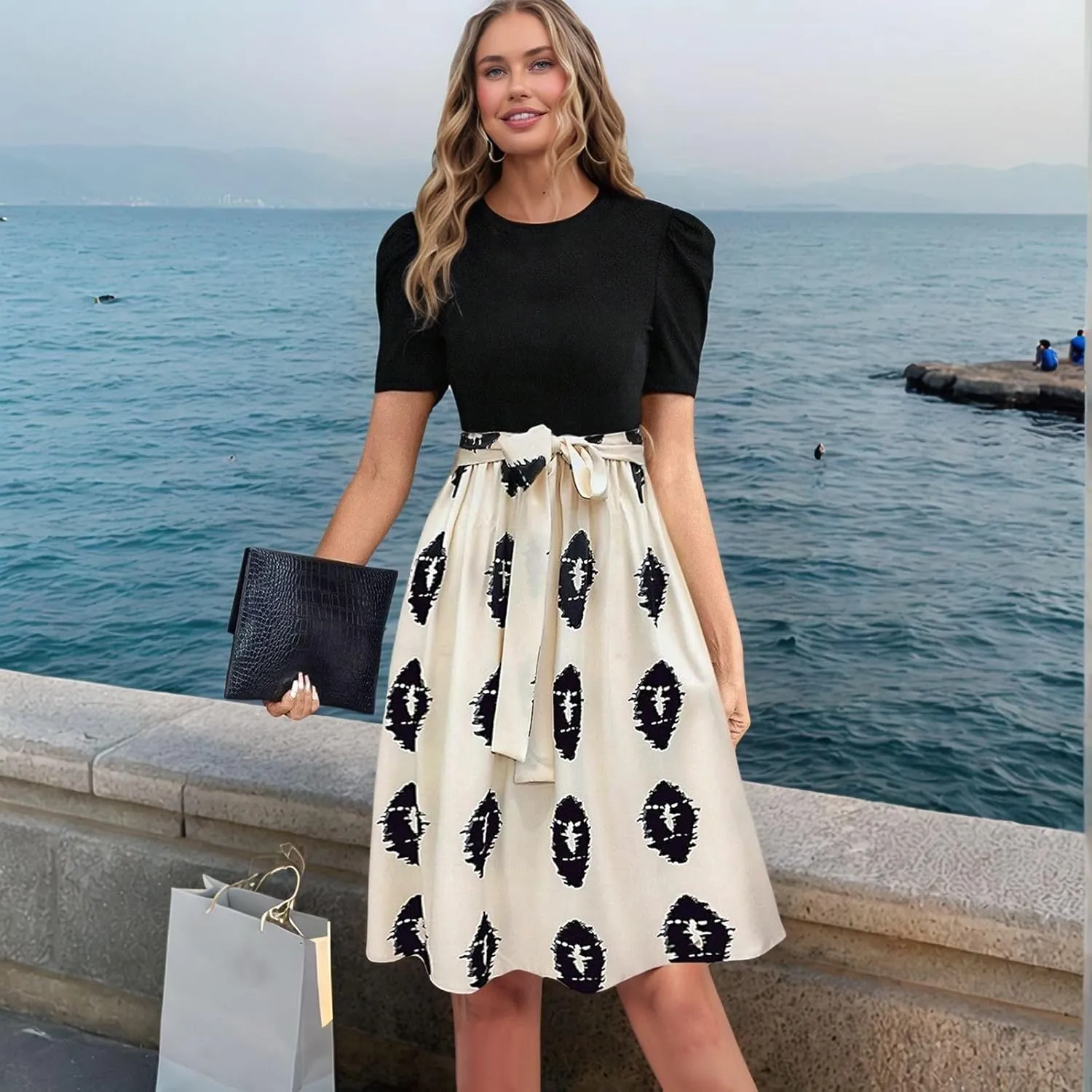 Summer Dresses for Women 2025 Floral Patchwork Flowy Mini Dress Crewneck Short Sleeve Belt Empire Waist Casual Dress