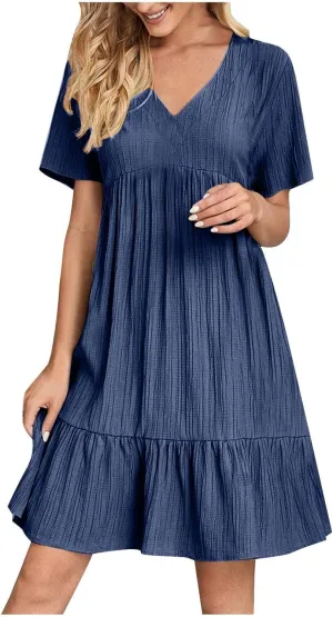 Summer Dresses for Women 2025 Plus Size Short Sleeve V Neck Mini Dress Casual Flowy Swing Boho Beach Vacation Dress