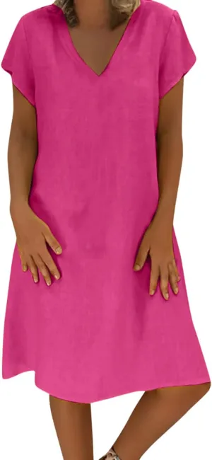 Summer Dresses for Women 2025 Plus Size V Neck Short Sleeve Midi Dress Casual Solid Loose Going Out Party Sundresses