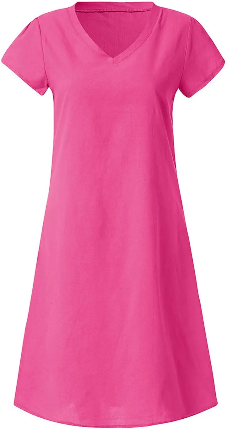 Summer Dresses for Women 2025 Plus Size V Neck Short Sleeve Midi Dress Casual Solid Loose Going Out Party Sundresses