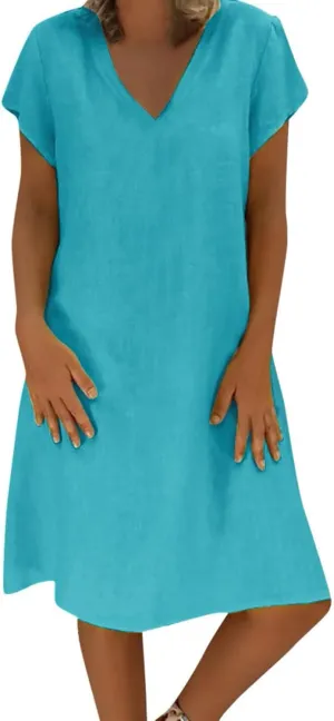 Summer Dresses for Women 2025 Plus Size V Neck Short Sleeve Midi Dress Casual Solid Loose Going Out Party Sundresses