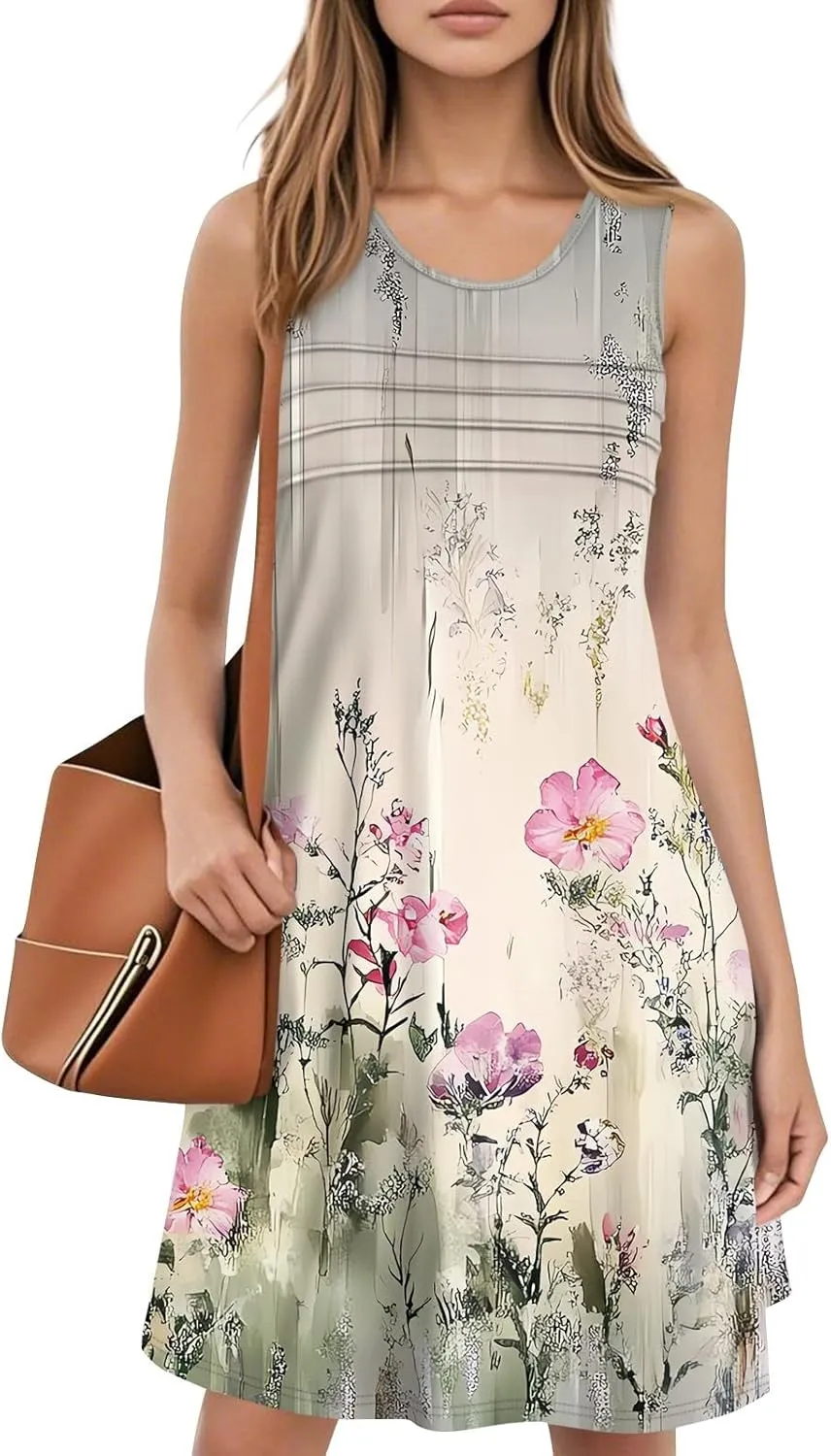 Summer Dresses for Women 2025 Sundresses Crewneck Sleeveless Dress with Pockets Boho Skirt Beach Vacation Clothes for Women