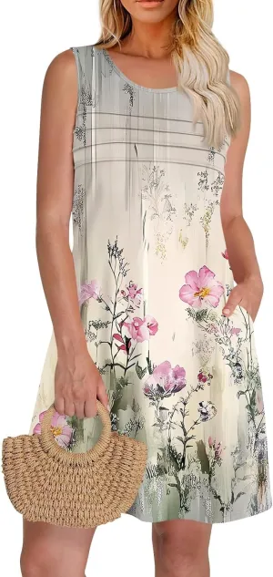 Summer Dresses for Women 2025 Sundresses Crewneck Sleeveless Dress with Pockets Boho Skirt Beach Vacation Clothes for Women