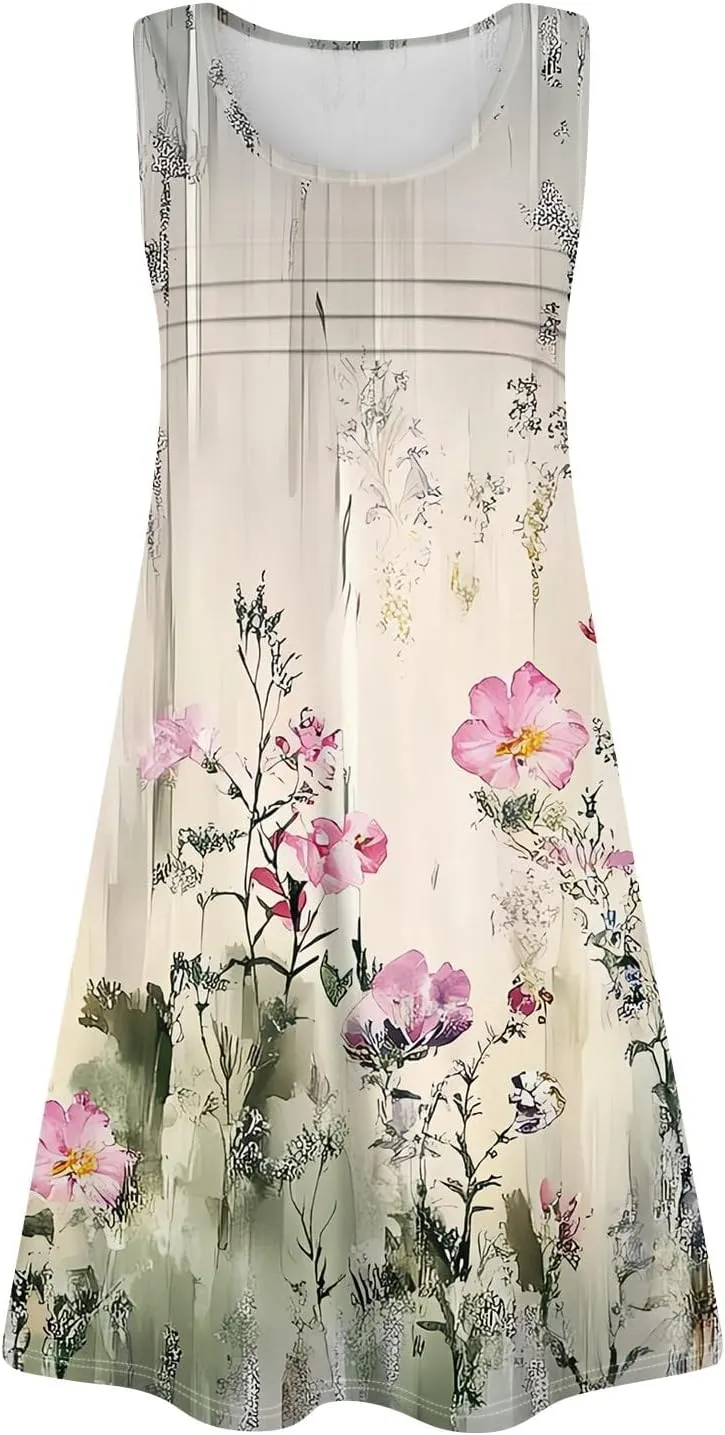 Summer Dresses for Women 2025 Sundresses Crewneck Sleeveless Dress with Pockets Boho Skirt Beach Vacation Clothes for Women