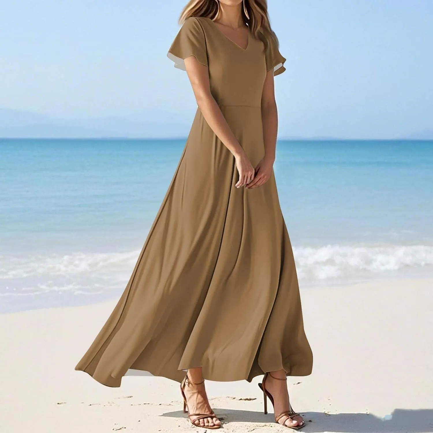 Summer Dresses for Women 2025 Trendy Dressy Casual Boho Floral Flowy Ruffle V Neck Short Sleeve Maxi Dress