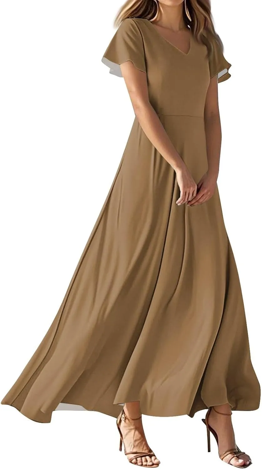Summer Dresses for Women 2025 Trendy Dressy Casual Boho Floral Flowy Ruffle V Neck Short Sleeve Maxi Dress