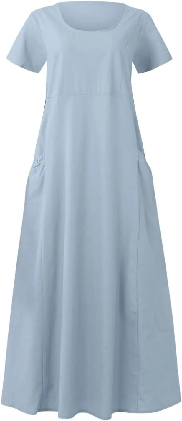 Summer Dresses for Women 2025 Trendy Short Sleeve Scoop Neck Cotton Linen Dress Loose Solid Color Beach Sundress