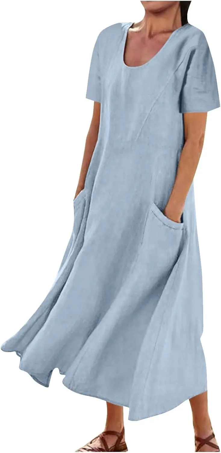 Summer Dresses for Women 2025 Trendy Short Sleeve Scoop Neck Cotton Linen Dress Loose Solid Color Beach Sundress