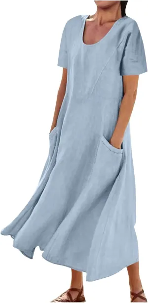 Summer Dresses for Women 2025 Trendy Short Sleeve Scoop Neck Cotton Linen Dress Loose Solid Color Beach Sundress
