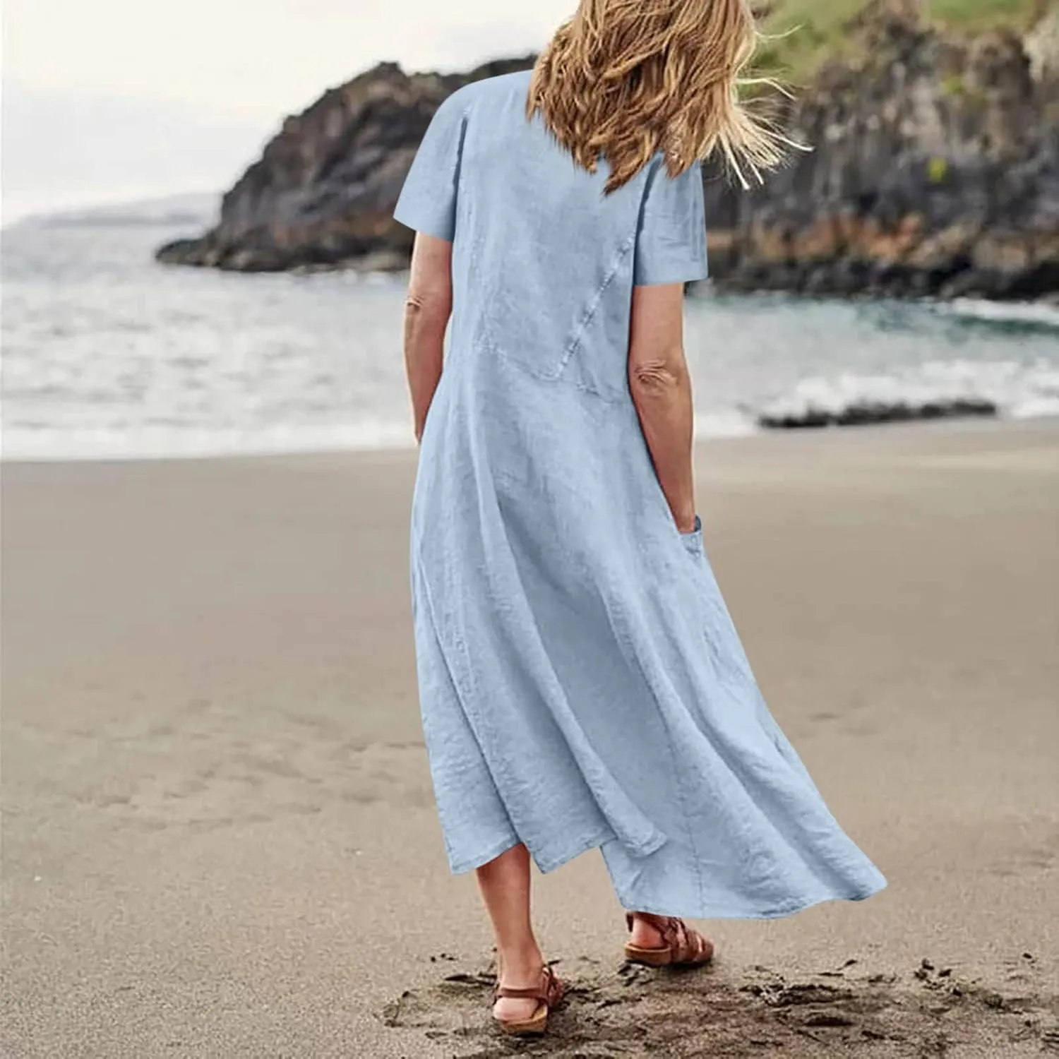 Summer Dresses for Women 2025 Trendy Short Sleeve Scoop Neck Cotton Linen Dress Loose Solid Color Beach Sundress