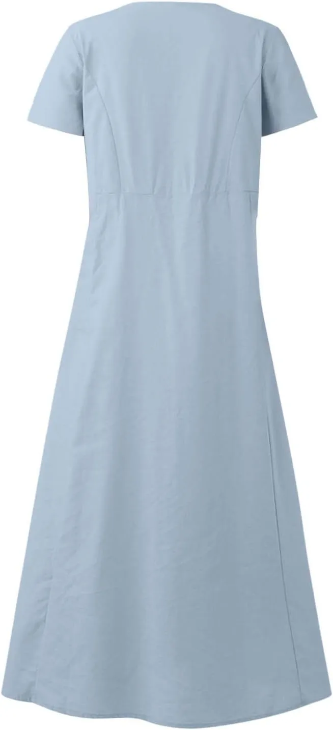 Summer Dresses for Women 2025 Trendy Short Sleeve Scoop Neck Cotton Linen Dress Loose Solid Color Beach Sundress
