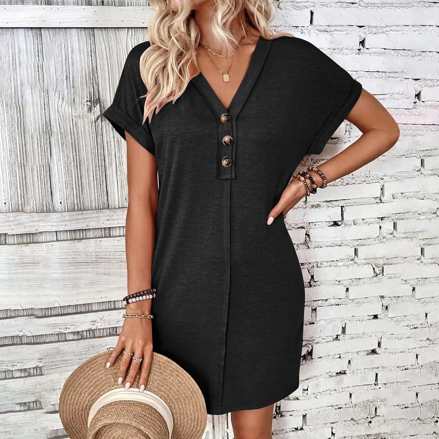 Summer Dresses for Women 2025 V Neck Dressy Casual Elegant Party Dress Trendy Rolled-Up Short Sleeve Beach Mini Dress
