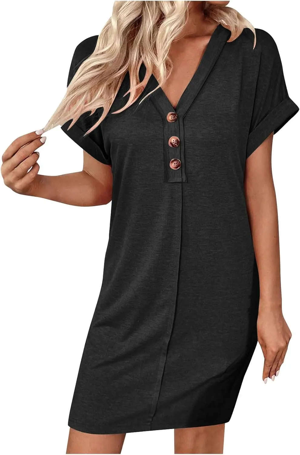 Summer Dresses for Women 2025 V Neck Dressy Casual Elegant Party Dress Trendy Rolled-Up Short Sleeve Beach Mini Dress