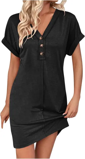 Summer Dresses for Women 2025 V Neck Dressy Casual Elegant Party Dress Trendy Rolled-Up Short Sleeve Beach Mini Dress