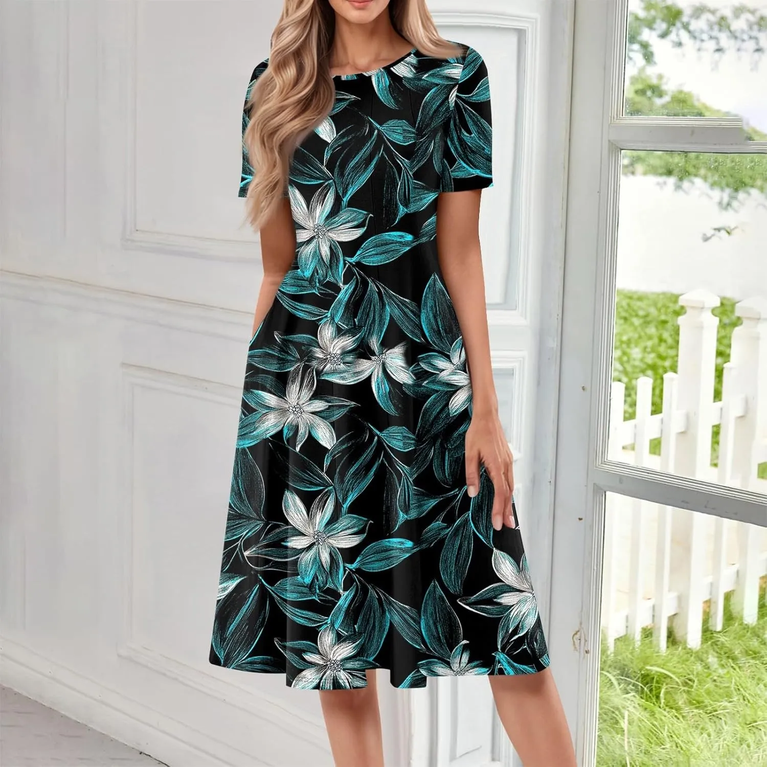 Summer Dresses for Women Midi Short Sleeve Round Neck Floral Hawaiian Pleated with Side Pocket A-Line Sundresses