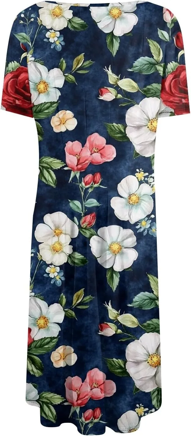 Summer Dresses for Women Midi Short Sleeve Round Neck Floral Hawaiian Pleated with Side Pocket A-Line Sundresses