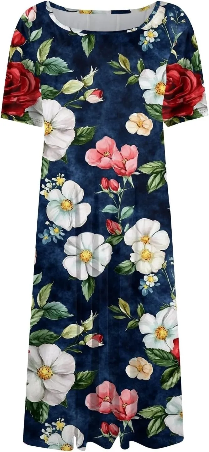 Summer Dresses for Women Midi Short Sleeve Round Neck Floral Hawaiian Pleated with Side Pocket A-Line Sundresses