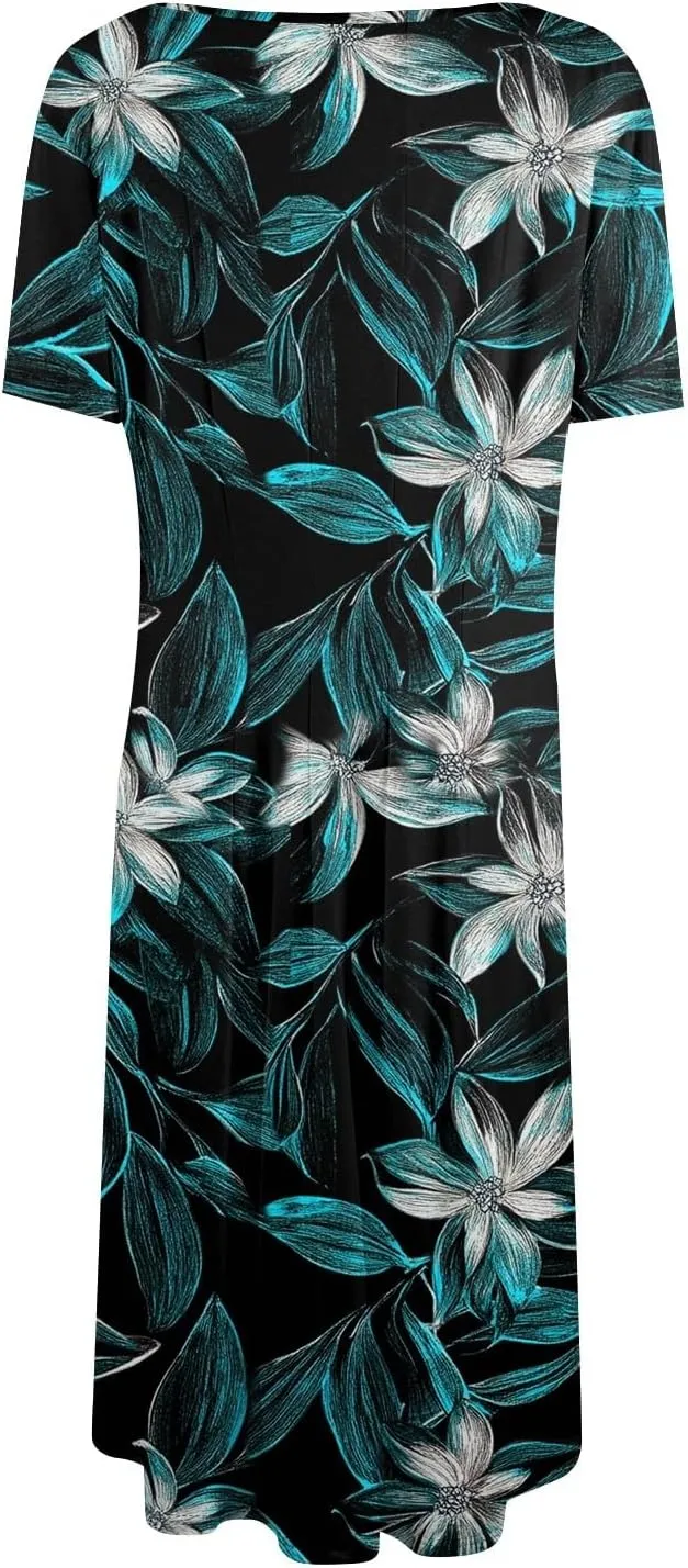 Summer Dresses for Women Midi Short Sleeve Round Neck Floral Hawaiian Pleated with Side Pocket A-Line Sundresses