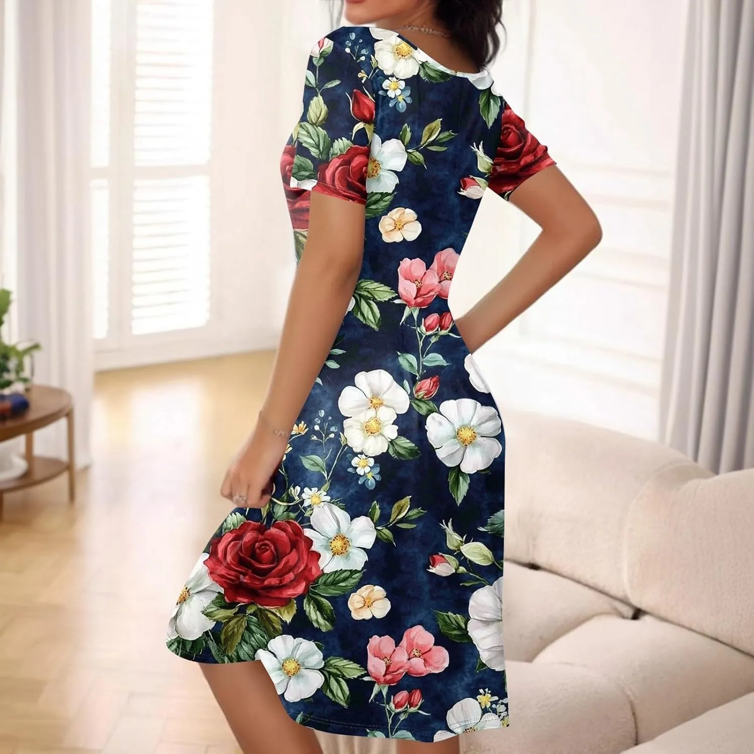 Summer Dresses for Women Midi Short Sleeve Round Neck Floral Hawaiian Pleated with Side Pocket A-Line Sundresses