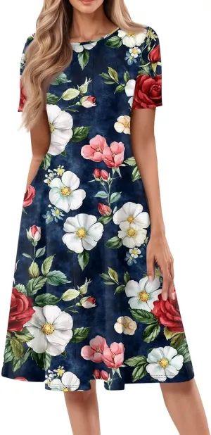 Summer Dresses for Women Midi Short Sleeve Round Neck Floral Hawaiian Pleated with Side Pocket A-Line Sundresses