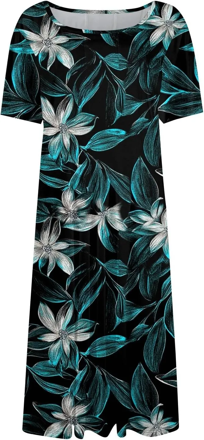 Summer Dresses for Women Midi Short Sleeve Round Neck Floral Hawaiian Pleated with Side Pocket A-Line Sundresses