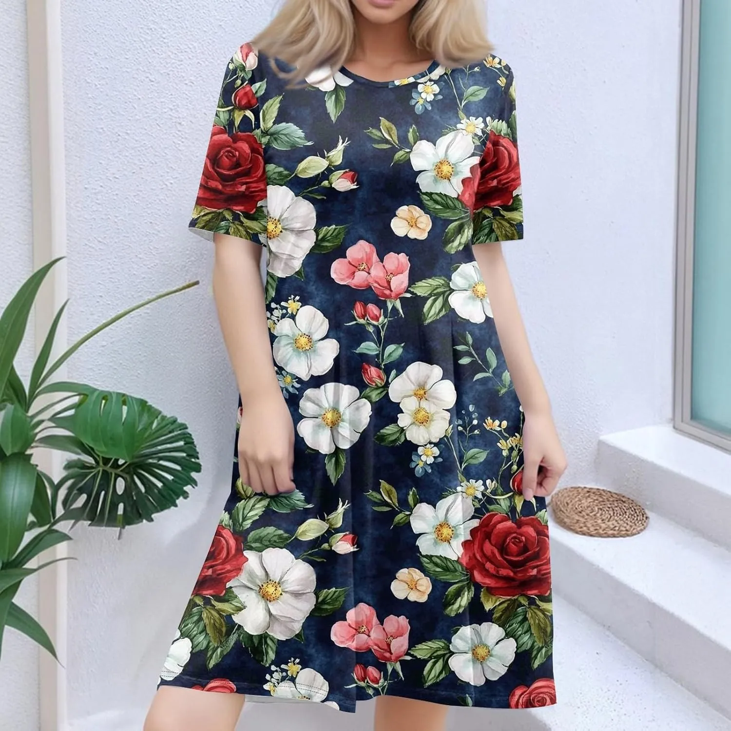 Summer Dresses for Women Midi Short Sleeve Round Neck Floral Hawaiian Pleated with Side Pocket A-Line Sundresses