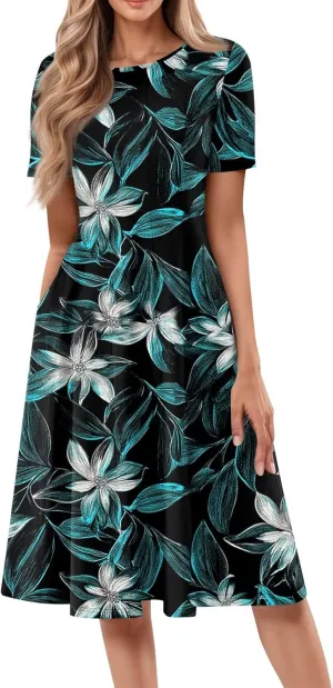 Summer Dresses for Women Midi Short Sleeve Round Neck Floral Hawaiian Pleated with Side Pocket A-Line Sundresses
