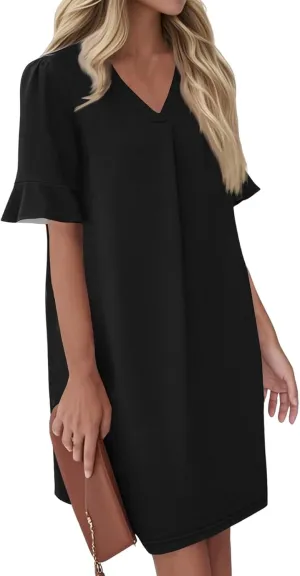 Summer Dresses for Women Ruffle Short Sleeve V Neck Casual Shift Dress with Pockets Beach Vacation Clothes