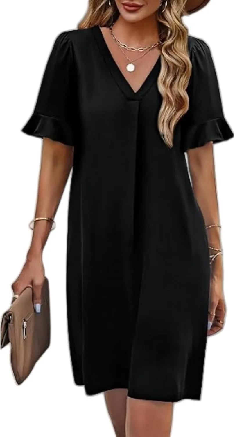 Summer Dresses for Women Ruffle Short Sleeve V Neck Casual Shift Dress with Pockets Beach Vacation Clothes