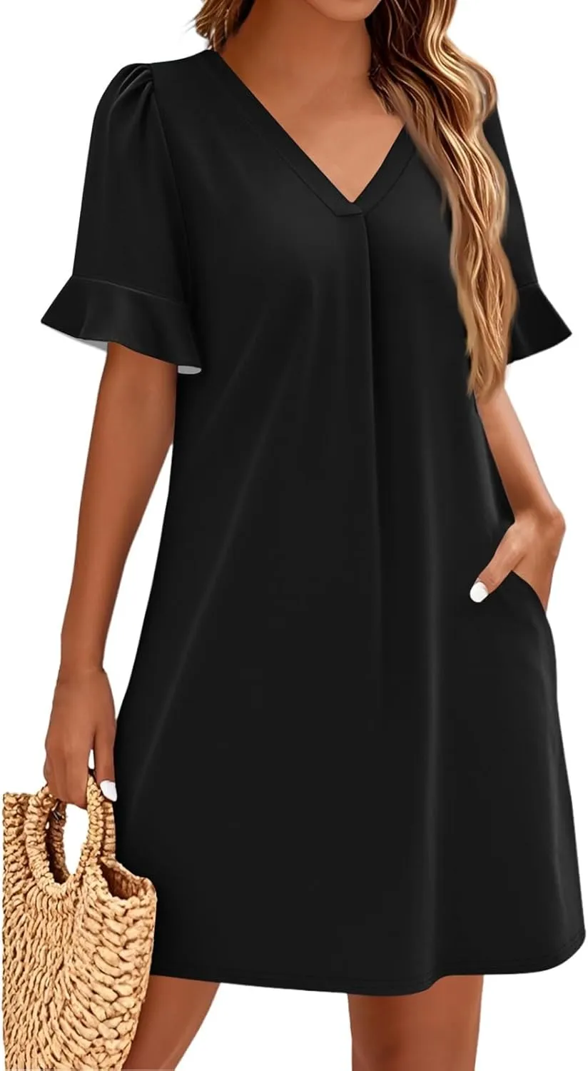 Summer Dresses for Women Ruffle Short Sleeve V Neck Casual Shift Dress with Pockets Beach Vacation Clothes