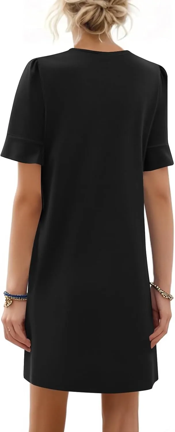 Summer Dresses for Women Ruffle Short Sleeve V Neck Casual Shift Dress with Pockets Beach Vacation Clothes