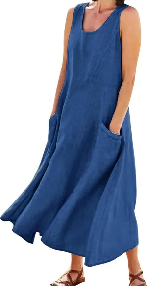 Summer Linen Dresses for Women 2025 Trendy Mini Sleeveless V Neck Outfit Beach Travel Vacation Dress Casual Fit Maxi