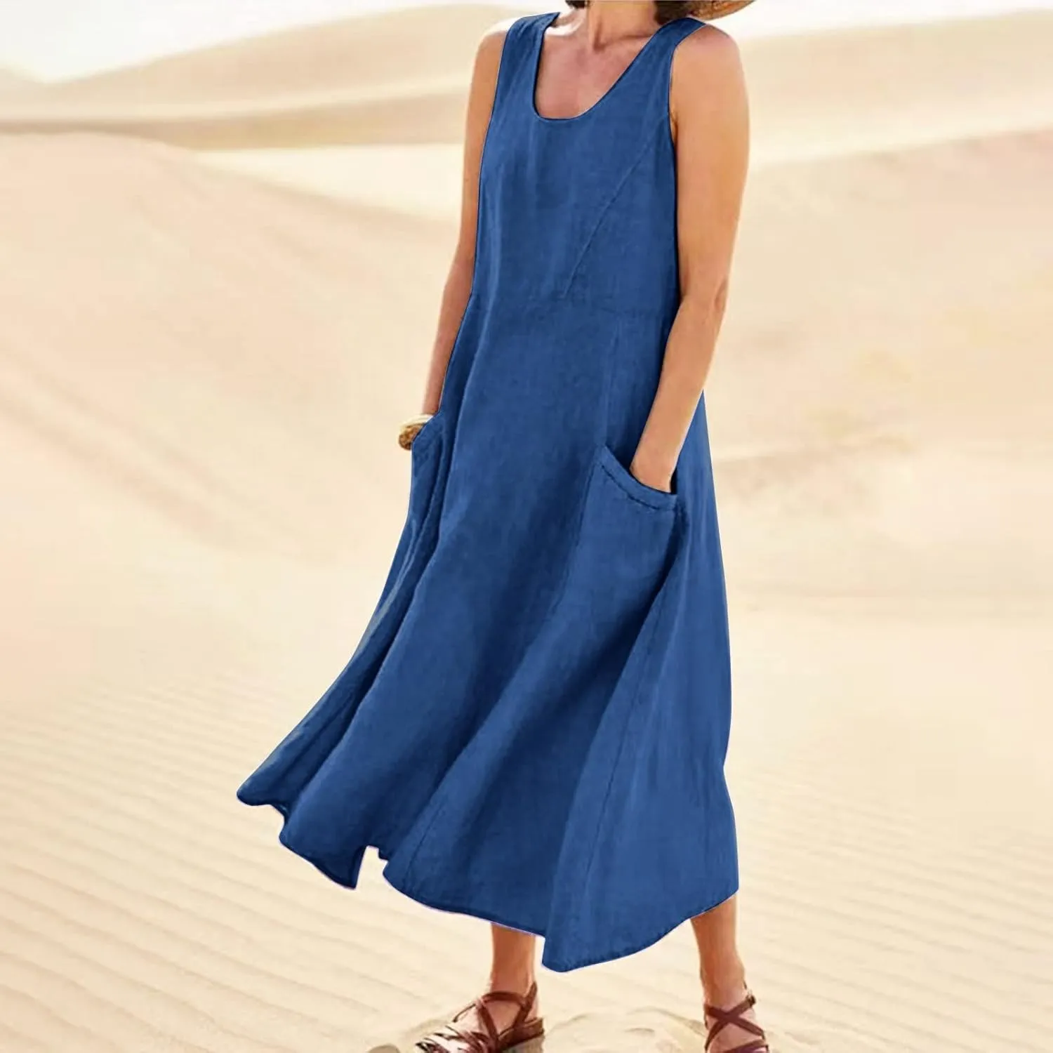 Summer Linen Dresses for Women 2025 Trendy Mini Sleeveless V Neck Outfit Beach Travel Vacation Dress Casual Fit Maxi
