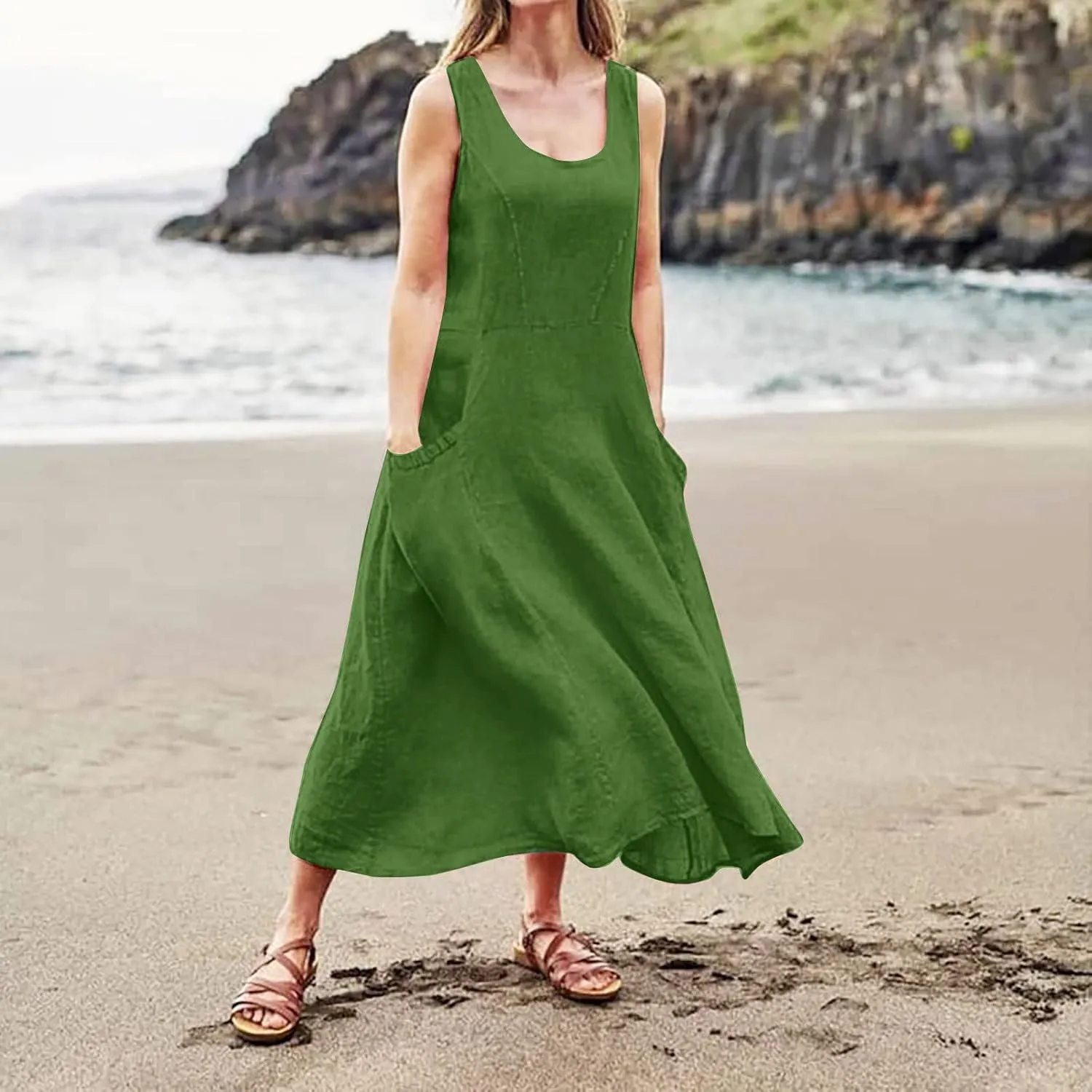 Summer Linen Dresses for Women 2025 Trendy Mini Sleeveless V Neck Outfit Beach Travel Vacation Dress Casual Fit Maxi