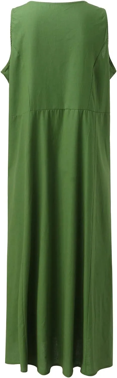 Summer Linen Dresses for Women 2025 Trendy Mini Sleeveless V Neck Outfit Beach Travel Vacation Dress Casual Fit Maxi
