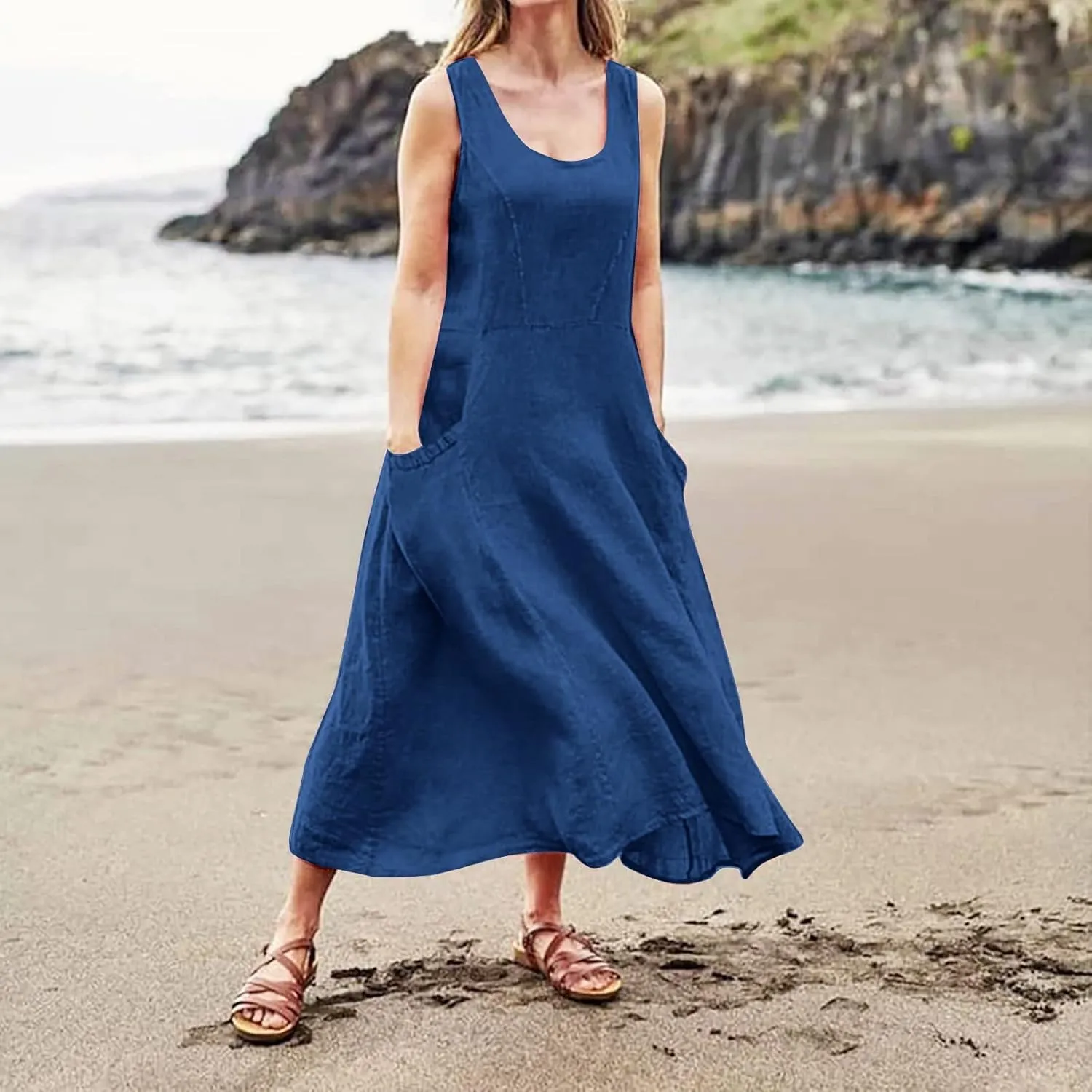 Summer Linen Dresses for Women 2025 Trendy Mini Sleeveless V Neck Outfit Beach Travel Vacation Dress Casual Fit Maxi