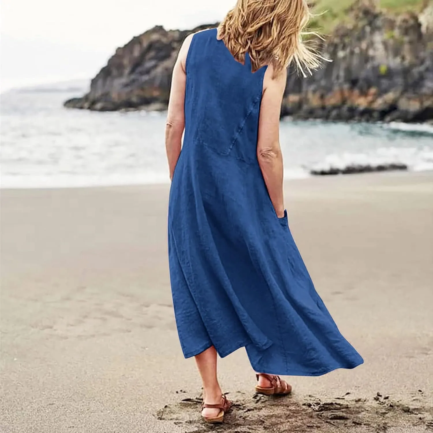 Summer Linen Dresses for Women 2025 Trendy Mini Sleeveless V Neck Outfit Beach Travel Vacation Dress Casual Fit Maxi